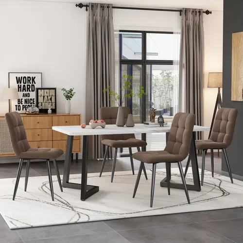 Flieks 5-tlg Sitzgruppe Essgruppe mit Esstisch und 4 Samt-Stühlen - Esszimmermöbel aus MDF mit eleganter Marmoroptik und bequemen Samtpolstern. Ideal für stilvolle Essbereiche und entspannte Stunden.