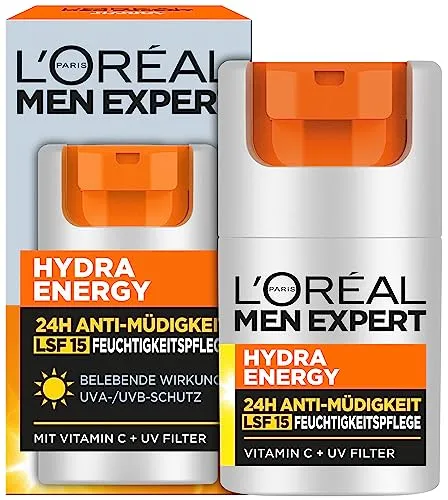 L'Oréal Men Expert Hydra Energy 24H Feuchtigkeitspflege mit LSF15 - Die L'Oréal Men Expert Hydra Energy 24H Feuchtigkeitspflege ist ideal für müde Männerhaut. Sie spendet langanhaltende Feuchtigkeit und schützt mit LSF15 vor UV-Strahlen, für ein frisches Hautgefühl den ganzen Tag.