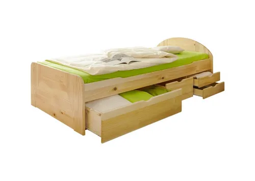 Ticaa Funktionsbett Erna mit Schubkästen - Praktisches Schubkastenbett aus Kiefer in Natur, bietet viel Stauraum und ist ideal für kompakte Räume. Maße: Liegefläche 90 x 200 cm. Lieferung inklusive Montagematerial und Anleitung.
