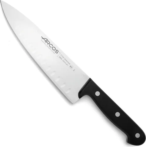 Arcos Universal Kochmesser 200 mm - Nitrum Edelstahl mit Alveolen - Kochmesser für vielseitiges Schneiden, empfohlen für Gemüse. Hergestellt mit Nitrum-Technologie für erhöhte Haltbarkeit und Präzision. Spülmaschinengeeignet und ideal für Profis und Hobbyköche.