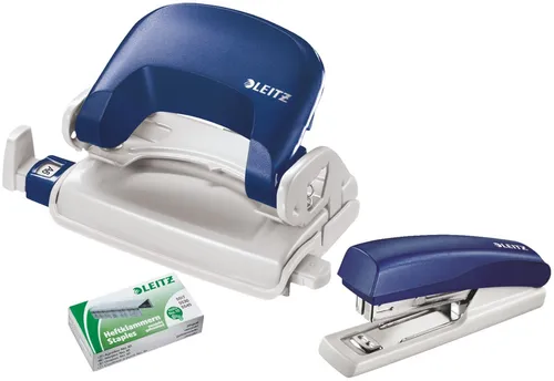 Leitz Locher 5507-60-35 NeXXt Mini, blau - Set mit Heftgerät - Praktisches Set aus Bürolocher und Heftgerät in handlicher Größe, ideal für bis zu 10 Blatt. Rutschfester Boden und integrierter Entklammerer bieten Komfort und Funktionalität.