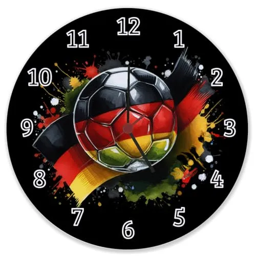 speecheese Fußball Deutschland Flagge Wanduhr aus Glas EM 2024 Design Sportlicher Look in Schwarz Rot Gold mit Ball-Motiv