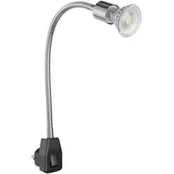 ledscom.de Steckdosenlampe LESCH Leselampe Schwanenhals, Schalter, chrom/schwarz + LED Lampe 510lm 45° warm-weiß