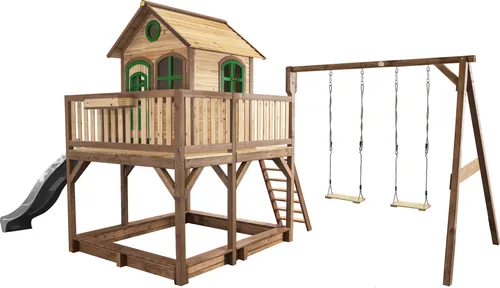 AXI Spielhaus Liam mit Sandkasten, Doppelschaukel & Rutsche - Gartenspielhaus aus nachhaltig produziertem Holz mit Doppelschaukel und Sandkasten - ideal für endlosen Spielspaß im Freien!