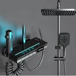 Duscharmatur Duschsystem Regendusche mit Thermostat, Duschsystem schwarz mit LED-Beleuchtung & integriertem Display, Duschsystem mit Armatur