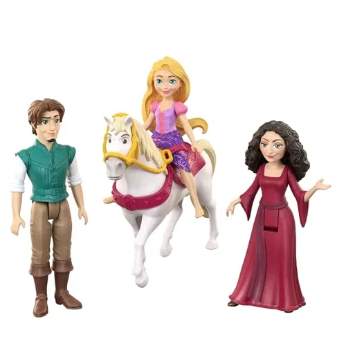 Disney Rapunzel Prinzessin-Spielzeug Set mit 4 Figuren - Erlebe Abenteuer mit Rapunzel, Flynn Rider, Mutter Gothel und Pferd Maximus! Dieses Set fördert kreatives Spiel und Geschichtenerzählen in einer zauberhaften Welt.