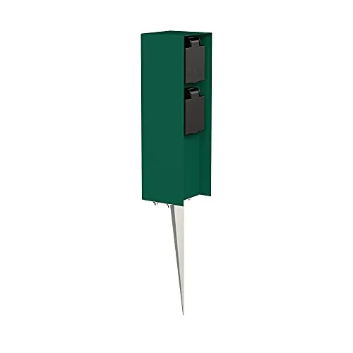 ledscom.de Garten-Steckdosen-Säule POMI mit Erdspieß, IP44, 2-fach, grün, 23cm - Praktische Garten-Steckdosen-Säule für Außen mit 2 Klappdeckel-Steckdosen. Robustes Design, spritzwassergeschützt (IP44) und ideal für Rasenmäher oder Elektrogrill. Flexibel im Einsatz dank Erdspieß.