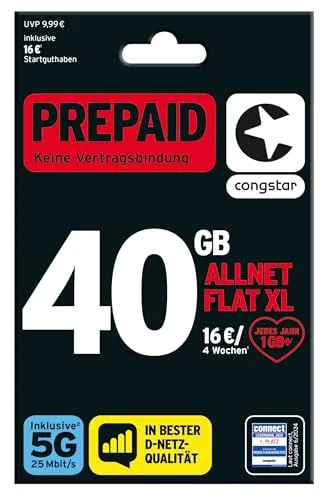 congstar Prepaid ALLNET XL – 25 GB im D-Netz mit 5G (25 Mbit/s), 16 € Startguthaben, Telefon & SMS Flat in alle dt. Netze, EU-Roaming inkl., jedes Jahr 1 GB mtl. mehr, ohne Vertrag.