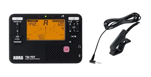 Korg TM70 Metronom & Stimmgerät – Schwarz - Kombiniertes Metronom und chromatisches Stimmgerät mit Kontaktmikrofon, ideal für Musiker aller Niveaus. Hohe Akkulaufzeit von 250 Stunden und klare LCD-Anzeige für präzises Stimmen.
