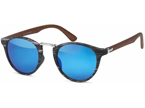 styleBREAKER Unisex Sonnenbrille Panto Holzoptik | Runde Retro Brille UV400 | Modisches Wood Look Design (Kunststoff) inkl. Etui & Tuch, Schwarz-Silber/Blau verspiegelt