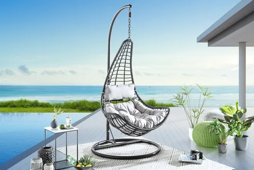 Riess-Ambiente Hängesessel LOFT WIDE grau/schwarz - Hängesessel für Outdoor mit Gestell & Kissen, ideal zum Entspannen und Wohlfühlen. Belastbarkeit bis 120 kg, modernes Design für stilvolle Akzente im Garten.