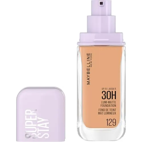Maybelline New York Super Stay Lumi Matte Foundation, Langanhaltendes Make-up für 30H Halt, Mattes Finish mit Strahlkraft, Air-Flex Technologie für leichtes Tragegefühl, Nr. 129, 35ml