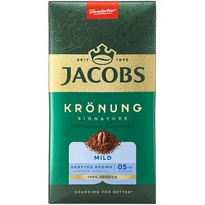 Jacobs Krönung Mild gemahlen 500g Kaffee - Filterkaffee mit mildem Geschmack und vollem Aroma, ideal für Kaffeeliebhaber, die eine sanfte Tasse bevorzugen. Intensität 2/5, perfekt für jeden Tag.