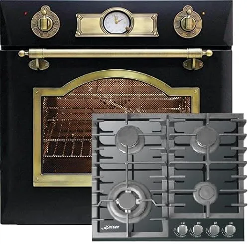 Kaiser Backofenset EH 6355 Em + KCG 6380 Turbo - Retro Einbau Backofen Set mit 8 Funktionen und einem 60 cm Gas Kochfeld, ideal für kreative Köche. Hohe Qualität und vielseitig einsetzbar mit Erdgas und Propangas.