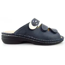 Finn Comfort Kos steel latte Damen Pantolette in Blau, Größe 36 - Bequeme Damen-Pantolette von Finn Comfort mit drei Klettverschlüssen. Ideal für warmes Wetter und maßgefertigte Einlagen. Hochwertige Verarbeitung und anatomisches Fußbett für optimalen Komfort.