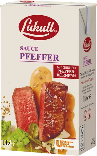 Lukull Premium Pfeffer Sauce - Gebrauchsfertige Pfeffer Sauce von Lukull, ideal zum Verfeinern von Gerichten. Praktisch in der Anwendung und sorgt für ein pikantes Geschmackserlebnis.