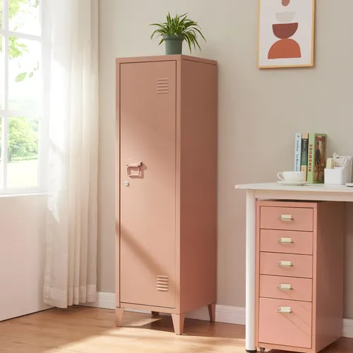 [en.casa] Metallspind Kurikka mit 2 Ablagen – abschließbar, hellbraun, 137 x 38 x 38 cm - Praktischer Metallspind mit zwei Ablagefächern für optimale Ordnung. Ideal für Werkstatt und Büro, bietet er sicheren Stauraum und einfache Handhabung dank Magnetverschluss und robustem Design.