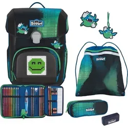 Scout Neo Movie Star Schulranzen-Set 5-teilig Blue Pixel - Mit LED-Display und individuell gestaltbaren Funny Snaps für kreativen Schulstart