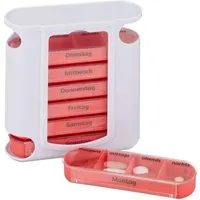 Relaxdays Pillendose Kunststoff Weiß Rot 7 Tage 4 Fächer Schiebedeckel 13 cm x 11,5 cm x 4,5 cm 170 g