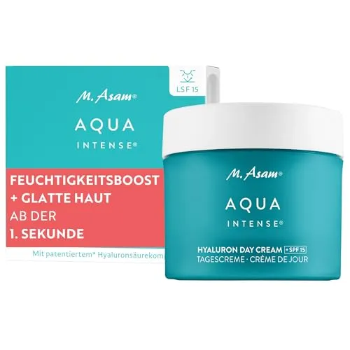 M. Asam AQUA INTENSE Hyaluron Tagescreme SPF 15 – Parfümfrei und feuchtigkeitsspendend - Hochwertige Tagescreme mit 120h Feuchtigkeitskomplex und LSF 15. Ideal für die tägliche Pflege, schützt vor UV-Strahlen und sorgt für ein frisches Hautgefühl ohne klebrige Rückstände.