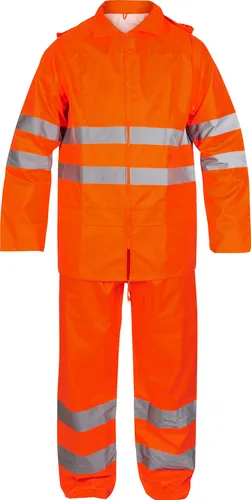 F. Engel Safety Regenset, Orange, Gr. M - Praktisches F. Engel Safety Regenset in Orange, Gr. M. Mit verstellbarer Kapuze, Reflexstreifen für bessere Sichtbarkeit und verschweißten Nähten. Ideal für den professionellen Einsatz bei jedem Wetter.
