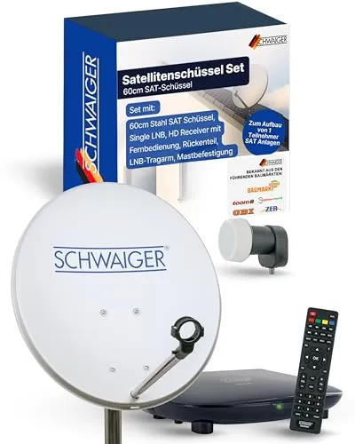 Schwaiger SAT5140HD SAT-Antenne - 55 cm Stahl mit Single LNB - SAT-Antenne für unverschlüsselten TV- und Radioempfang, inkl. Montagezubehör und Full HD Satellitenreceiver, ideal für besten Empfang.