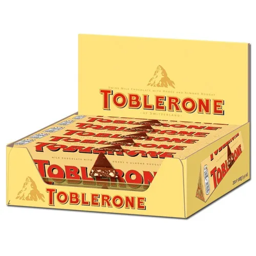 Toblerone Schokolade 20 x 100g - Schokoladenriegel mit feiner Schweizer Milchschokolade und Honig-Mandelnougat, ideal zum Teilen oder Verschenken, unverwechselbarer Genuss in der klassischen dreieckigen Form.