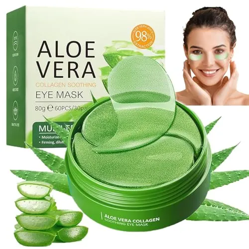 Augenpads, 60 Stück Aloe Vera Augenpads gegen Augenringe, Eye Pad mit Aloe Vera Extrakt & Kollagen, Hyaluronsäure-Augenpflaster gegen Augenringe, Falten, Schwellungen und Tränensäcke