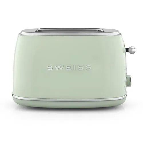 Sweiss Toaster GR7, Grün, Metall - Vintage-Toaster mit elegantem Retro-Design, zwei Schlitzen und 850 W Leistung für gleichmäßiges Toasten. Über 6 einstellbare Bräunungsstufen für individuelle Vorlieben.