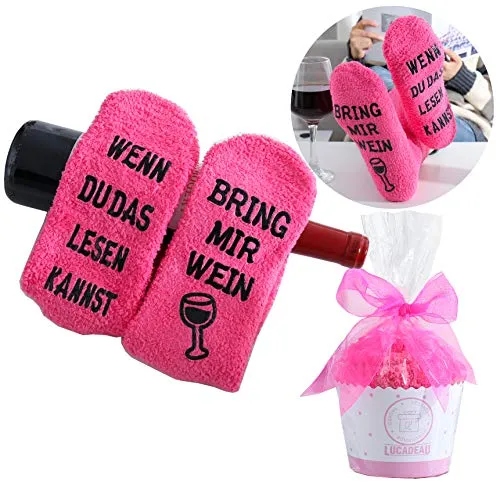 Lucadeau Socken mit Wein Spruch, Geburtstagsgeschenke für Frauen - WENN DU DAS LESEN KANNST, BRING MIR WEIN, Geschenk für Freundin Schwester Mama Geburtstag Weihnachten