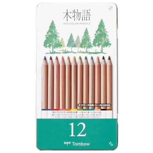Tombow Ki-Monogatari Eco Farbstift, praktischer Metalldose, PEFC zertifiziert, wachsbasiert, 12er Set [CB-RS-12C]