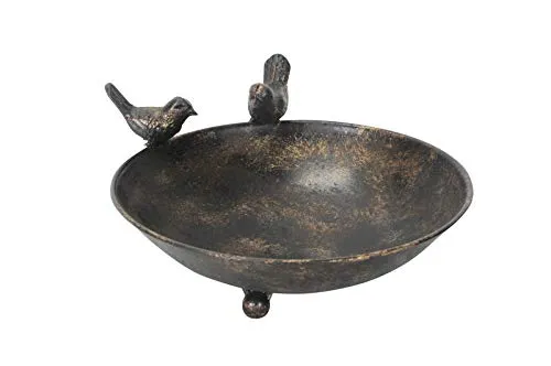 Deko-Impression Vogeltränke aus massivem Eisen, bronzefarben - 22 cm - Traumhafte Vogeltränke und Futterstelle aus robustem Eisen. Mit zwei dekorativen Vögeln und auf drei Kugelfüßen. Ideal für Ihren Garten und zur Pflege Ihrer gefiederten Freunde.