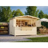 Palmako Verkaufsstand Marian 6,2 m² - Gartenhäuser: Robuster Verkaufsstand mit 3-teiligem Fenster, ideal für Märkte. Schnell aufgebaut in 20 Minuten, wahlweise mit Holz- oder Metalldach für optimale Wetterbeständigkeit.
