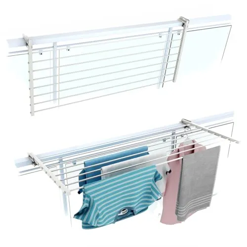 Foxydry Duo Balkonwäscheständer - Wäscheständer aus rostfreiem Stahl und Aluminium, wetterfest und klappbar. Ideal für Balkone und Terrassen, trägt bis zu 15 kg Wäsche und lässt sich einfach installieren.