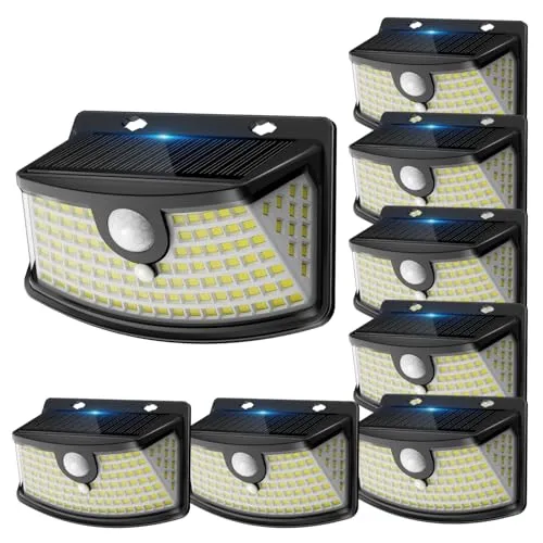 Aootek Solarlampen für Außen mit Bewegungsmelder - 120 LED Strahler, IP65 Wetterfest, 8 Stück für Gartenbeleuchtung - Wetterfeste IP65 Solarlampen mit Bewegungsmelder und 120 LEDs für optimale Gartenbeleuchtung. Einfache Installation ohne Stromkabel, ideal für dekorative Akzente und Sicherheit im Außenbereich.