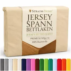 Strauss Home Spannbettlaken Premium 160 g/m2 Gekämmte Baumwolle Jersey in Hotelqualität, Gummizug: Rundumgummi, OEKO-TEX®-zertifiziert - Hotelqualität – Formstabil & Langlebig beige 180x220-200x220cm cm