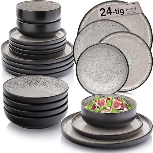 SÄNGER Luxor Tafelservice 24-teilig - Kombiservice für 6 Personen, handgefertigtes Steingut in edlem Braun-Beige, kratzfest und spülmaschinengeeignet, ideal für stilvolle Tischarrangements.