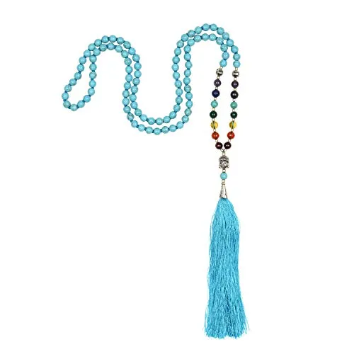 Bodhi Mala 7 Chakren, 6mm Perlen. Türkis mit türkiser Quaste, 108 Perlen