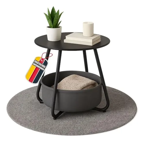 KOSI Couchtisch Schwarz mit Aufbewahrungskorb - Beistelltisch im Vintage Style mit runder Metallplatte und praktischem Baumwollkorb für Stauraum. Ideal für Wohnzimmer, Schlafzimmer oder Balkon - stilvoll und funktional.