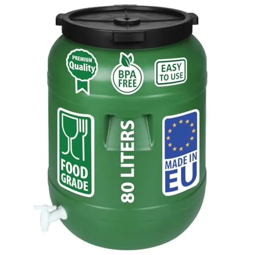 80 Liter Weithalsfass Futtertonne mit Deckel und Wasserhahn - Grün - Praktische 80 Liter Futtertonne aus robustem HDPE mit Deckel und Wasserhahn. Ideal zur Aufbewahrung und für Camping. Hygienisch, langlebig und einfach zu reinigen.