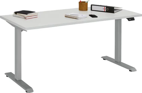 Elektrisch verstellbarer Schreibtisch >e-desk< in platingrau/alu - 160x72x80 cm - Der e-desk aus robustem Holzwerkstoff und Metallgestell bietet eine langlebige, stoßfeste Oberfläche. Mit elektrischer Höhenverstellbarkeit von 72 bis 120 cm unterstützt er ergonomisches Arbeiten und sorgt für optimale Flexibilität.
