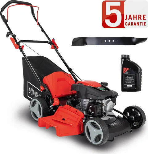 Scheppach Benzin Rasenmäher MP150-46 5IN1 - Rasenmäher mit 46 cm Schnittbreite, 3,5 PS und 5 Funktionen in einem. Inklusive 0,6 L Öl und zweitem Messer für vielseitige Nutzung.