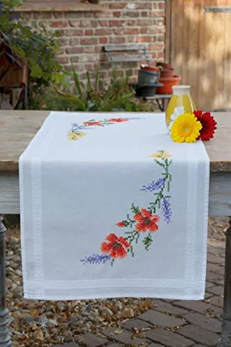 Vervaco Stickpackung Kreuzstich Set Vorgedruckt Tischläufer Blumen und Lavendel Stickdecken Vorgezeichnet Basteln Erwachsene Kreativ Stickläufer zum Selbersticken 40 x 100 cm Stickset