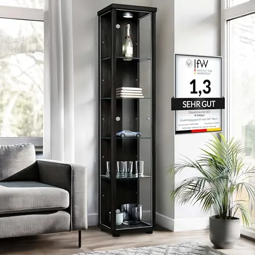 K-Möbel Glasvitrine Stehend - 176x37x33cm, Schwarz mit LED - Vielseitige Glasvitrine für stilvolle Präsentationen. Ideal als Bücherschrank oder für Sammlerstücke, ausgestattet mit 4 höhenverstellbaren Glasböden und LED-Beleuchtung.