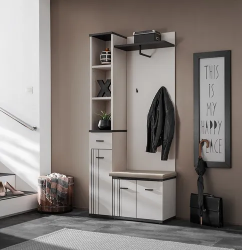ASM-Moebel Garderoben-Set HUGO I mit Sitzbank - Praktisches Garderoben-Set mit Schrank, Sitzbank und Wandpaneel. Einfache Montage und inklusive Kissen für zusätzlichen Komfort. Ideal für einen ordentlichen Flur.