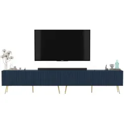 Meble Lindner TV-Lowboard im Glamour-Stil, Blau, 300 cm - Elegantes TV-Lowboard im Glamour-Stil mit 8 Fächern und praktischem „Push-to-Open“-System. Ideal für modernes Wohnen und vielseitige Stauraumlösungen.