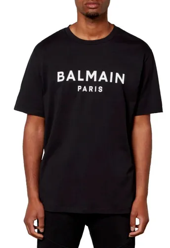 BALMAIN Flocked Logo T-Shirt - Herren Baumwollshirt mit Paris Logo - Kategorie: T-Shirts, luxuriöses Baumwoll-T-Shirt mit geflocktem Balmain-Logo für einen ikonischen Look, ideal für jede Saison.