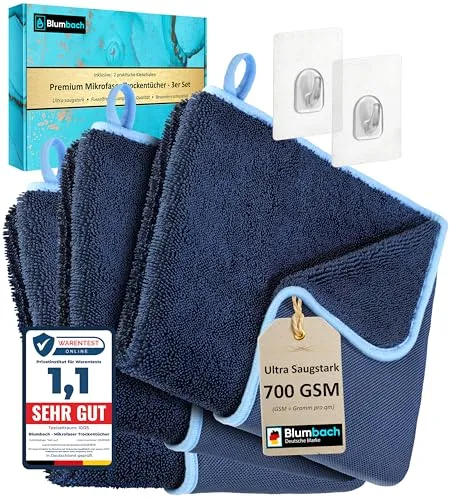 BLUMBACH® Ultra Wipes Trockentücher 3-Set 700 GSM 40x60cm Trockentuch Dusche | Extrem Saugstarkes Duschkabinen Tuch | Inkl. 2 Klebehaken | Putzlappen Bad, Fastdry | Deutsche Marke Maschinenwaschbar