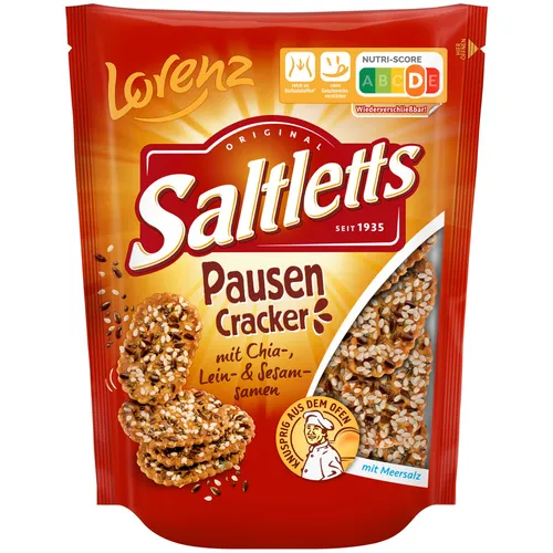 Lorenz Saltletts Pausen Cracker mit Chia-Lein und Sesam-Samen - Salzgebäck & Cracker, knusprige Cracker mit gesunden Chia-, Lein- und Sesamsamen für einen energiereichen Snack.