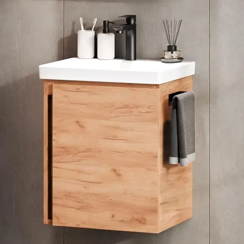 Planetmöbel Waschtisch Unterschrank mit Waschbecken 50 cm Gold Eiche - Eleganter Waschtisch Unterschrank in gold-eiche, ideal für kleine Bäder mit kompakten Maßen (49x37x59 cm) und integriertem Waschbecken.